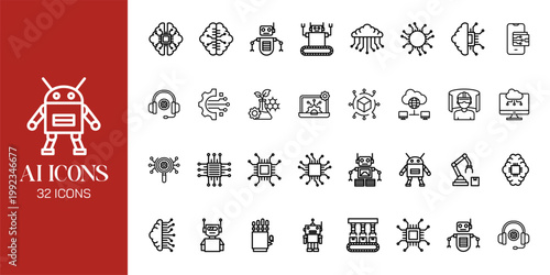 Artificial Intelligence Icon Set with AI Brain, Machine Learning, Robot, Data Network and Futuristic Technology Vector Collection