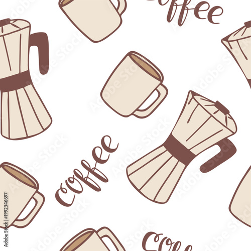 Seamless pattern with hand drawn coffee cups, moka pots and lettering coffee in warm neutral colors. Minimalist vector background for cafe branding, packaging, textiles and wallpaper.