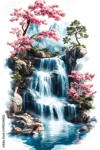 Waterfall, Cascade, Water, Nature, River, Art, Image for Printing, with White Background, for Stickers, T-shirt Design, Hat, Mug, Flip-flop, Mousepad