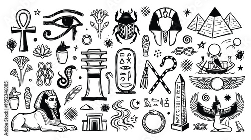 Ancient Egyptian Eid Celebration doodle with Sphinx, Pyramids, and Hieroglyphs