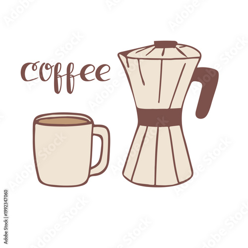 Hand drawn coffee illustration with cup, moka pot and lettering coffee in warm neutral colors. Minimalist vector design for cafe branding, menu, packaging and cozy lifestyle themes.
