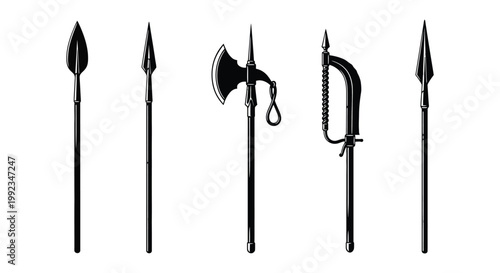 A collection of antique polearms and weaponry is displayed in a stark dramatic black silhouette high quality professional detailed modern elegant