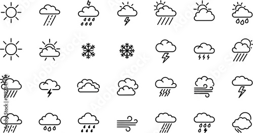 A collection of various weather icons on a white background