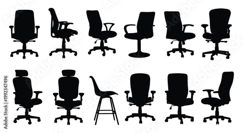 A collection of office chairs depicted in stark black showcasing varied designs and forms presented as a silhouette high quality professional