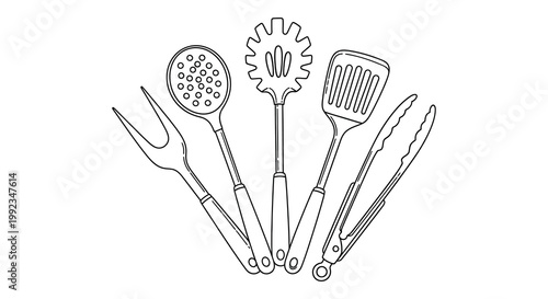 A collection of kitchen utensils including forks spoons and spatulas depicted in a simple black outline silhouette high quality professional detailed