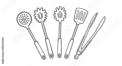 A detailed line drawing showcases various kitchen utensils including spoons spatulas and tongs in a darkened silhouette high quality professional modern