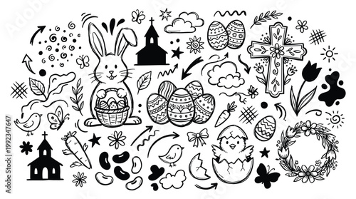 Earth protection doodle illustration depicts bunny holding basket with eggs and surrounded by various spring objects