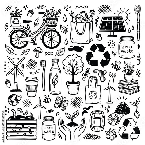 Eco friendly doodle illustration of sustainable living icons and objects