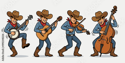 Energetic country music quartet featuring four cowboys playing the banjo, guitar, violin, and stand-up bass. High-quality vector illustration in a retro cartoon style for music festival media.