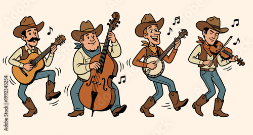 Retro-style vector illustration of a four-man cowboy country band. Musicians playing banjo, acoustic guitar, violin, and double bass with energetic poses. Great for vintage-style music posters.