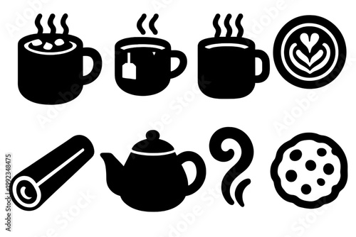 Cozy Drink Icons Collection. Cozy Drinks silhouette set: hot chocolate mug, tea cup, coffee mug, latte art, cinnamon stick, teapot, steam swirl, cookie