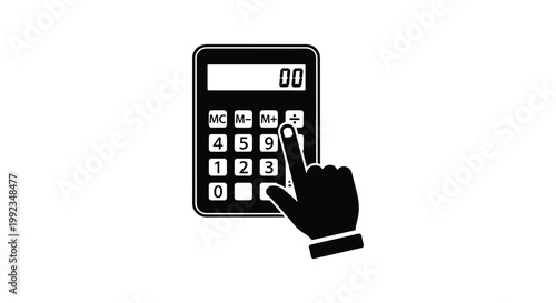 A black silhouette depicts a hand pressing a button on a calculator emphasizing mathematical operations silhouette high quality professional detailed modern