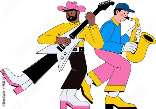 Musicians guitar and saxophone duo. Flat design vector. Pop art style characters for musical branding.