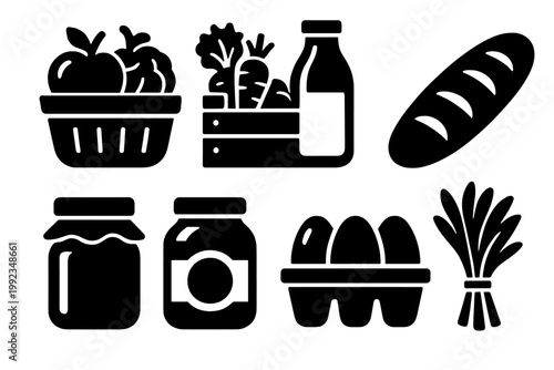 Farm Fresh Icons. Farm Fresh Goods silhouette set: fruit basket, vegetable crate, milk bottle, bread loaf, honey jar, jam, eggs carton, herbs bundle