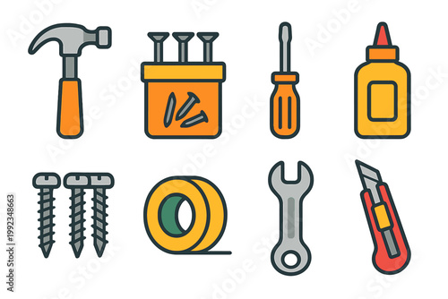 Home Repair Toolkit Icons. Home Repair Supplies modern flat vector icons hammer, nails box, screwdriver, glue bottle, wrench, screws set, tape roll, utility knife