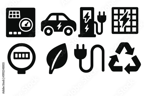Bold Green Tech Icons. Green Technology silhouette set: solar inverter, electric car, charging dock, smart grid, energy meter, eco leaf, power cable, sustainability symbol
