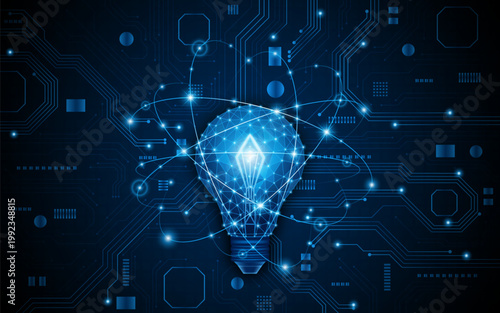 An innovative and creative light bulb concept incorporating advanced smart digital technology. A futuristic light bulb with integrated circuits and data connectivity for business applications.