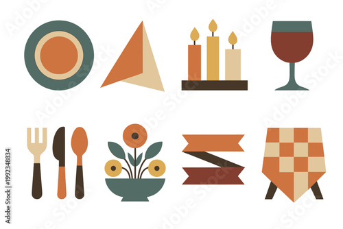 Geometric Table Decor Icons. Table Decor in geometric flat style plates, napkin, candles, wine glass, cutlery, centerpiece, ribbons, tablecloth
