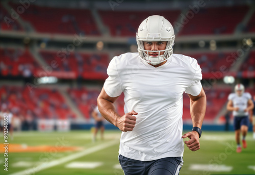 American football player in white t-shirt and helmet, ai generated. Male professional protection jersey for game mockup, stadium background. Team training with footballer quarterback template.