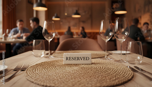 A reserved table in a modern restaurant with wine glasses and silverware