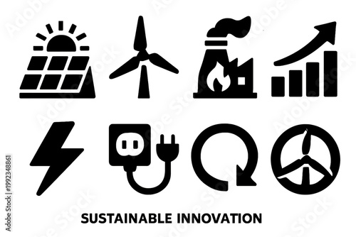 Sustainable Energy Icons. Sustainable Innovation silhouette set: solar cell, wind blade, bioenergy plant, efficiency chart, green lightning bolt, smart plug, clean loop, renewable