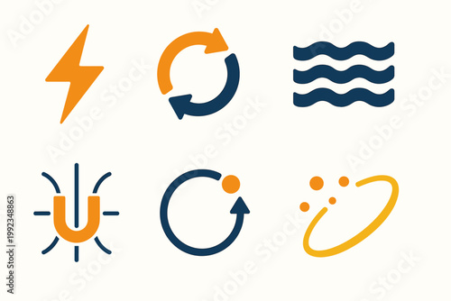 Geometric Energy Icons. Energy Flow in geometric flat style lightning bolt, arrow cycle, waves, particle dots, magnetic field lines, circular motion, glowing path, orbit ring