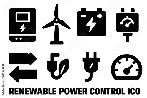 Brutalist Energy Icons. Renewable Power Control silhouette set: solar inverter, wind turbine, battery storage, voltage regulator, control module, power flow arrows, green plug,