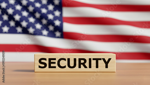 A wooden block with the word SECURITY in front of the American flag
