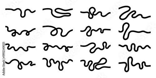 Set of 16 Black Hand-Drawn Squiggly Lines and Wavy Vector Elements