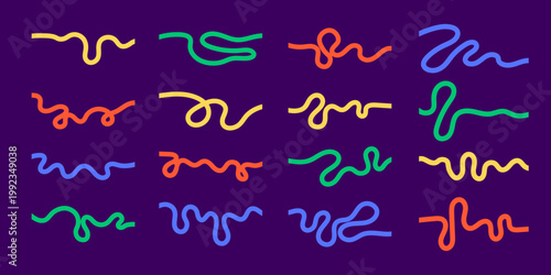 Set of Colorful Abstract Squiggle and Curly Vector Lines on a Dark Purple Background