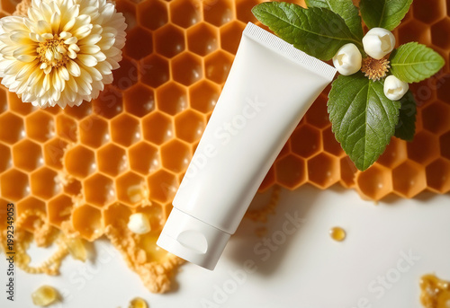 Blank white cosmetic tube mockup on honeycomb background, ai generated. Empty soap or moisturizing gel packing lying on honey and flowers mockup. Clear facial organic beauty skincare template.