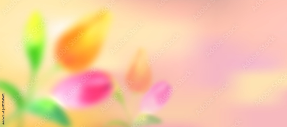 Obraz premium Soft pastel floral gradient background with spring leaves and watercolor blur.