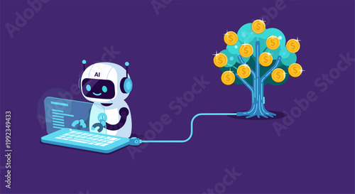 Smart AI generating digital income stream from laptop with glowing tech interface