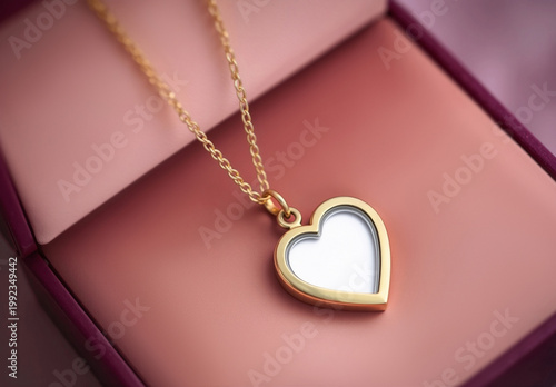 Blank gold heart necklace lying in gift box, ai generated. Vintage heartlocket in pack on pink surface for memories present mockup, side view. Neck accessory for photo love gift template.