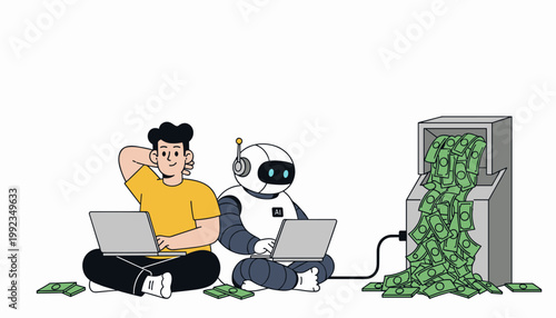 AI robot assisting user earning money online with automated digital business system