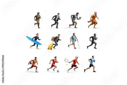 Running men of different professions set, ai generated. Male people run businessman, athlete, soldier, traveler and worker isolated on white background. Dynamic lifestyle, career and activity concept.