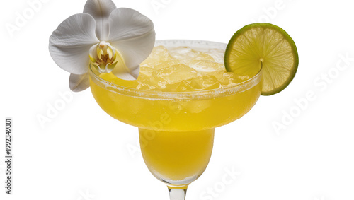 Schilderij op canvas Isolated yellow margarita cocktail with ice cubes, white orchid flower, and fres