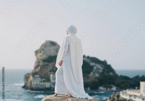 Woman wearing blank white chador mockup, ai generated. Female model in privacy elegant headdress standing in back view, sea background. Traditional eastern religion dress wrap template.