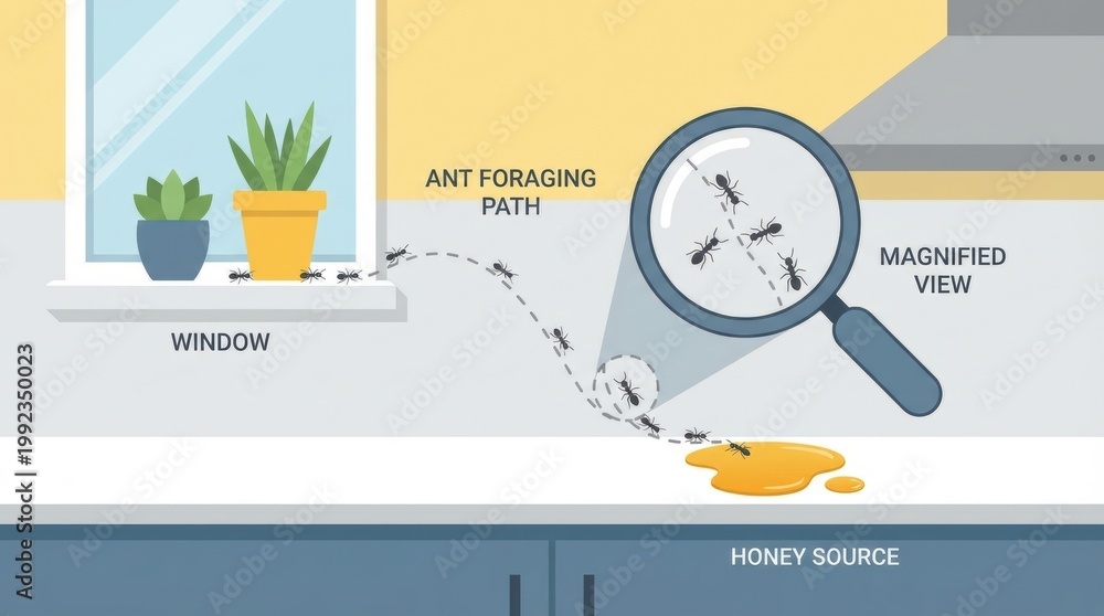 Naklejka premium Illustration shows ants moving from a window to a honey spill on a kitchen counter. It highlights pest infestation issues in a domestic setting. Ideal for pest control educational materials.