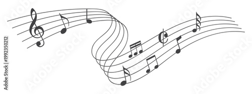 Music notes wave. Flowing musical staff lines with notes, clefs and melody rhythm patterns in dynamic circular, spiral and wavy shapes. Elegant swirling compositions for music posters. Vector set