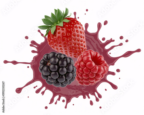 A vibrant illustration of strawberries, blackberries, and raspberries surrounded by a splash of juice on a white background