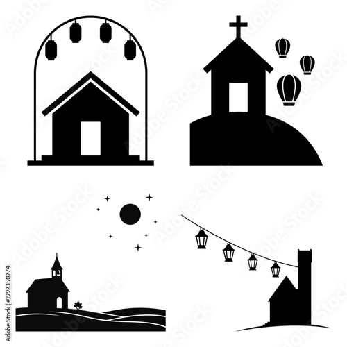 Church silhouettes with bunting balloons lanterns and moonlight