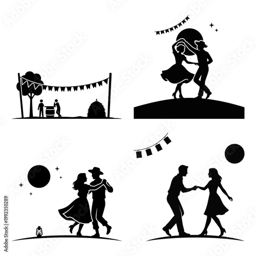 Dancing couple silhouettes with festival lanterns and moonlight