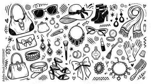 Fashion accessories doodle illustrations showcase various stylish items