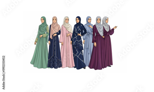 Muslim Women in Stylish Eid Outfits Fashion Illustration