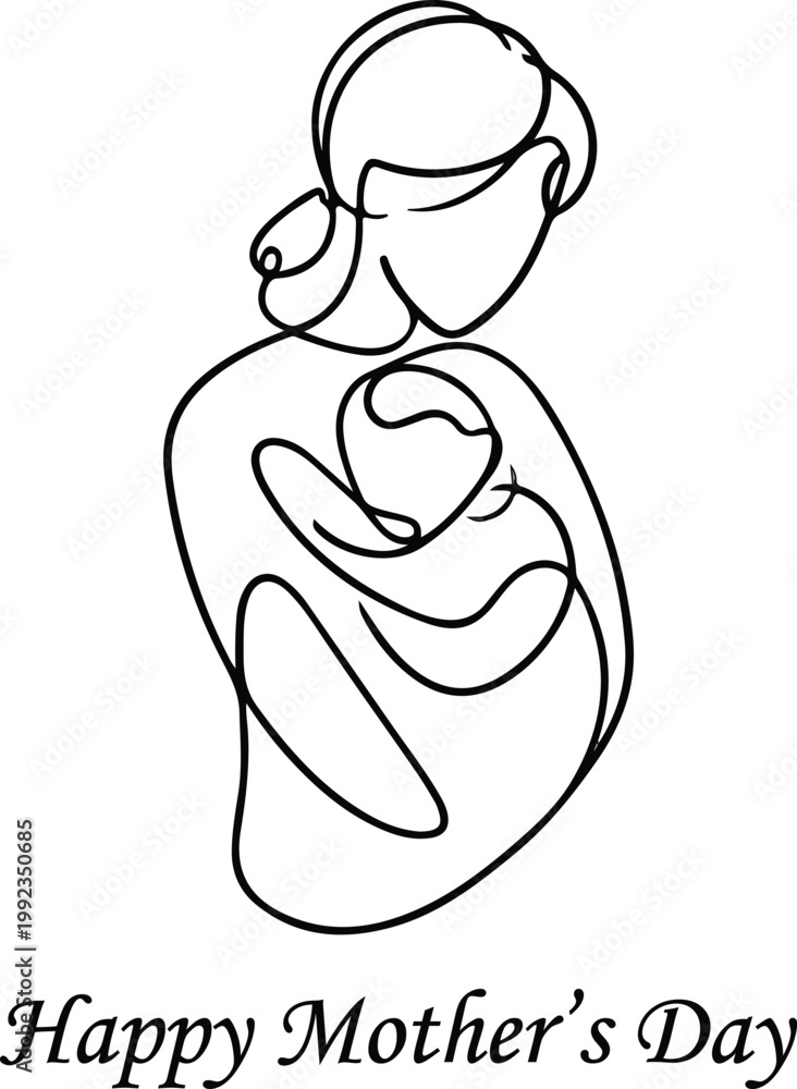 Obraz premium Print. Happy Mother’s Day card, one-line art of mother and child, minimal, white background