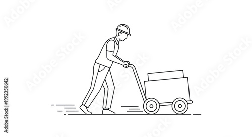 Delivery man pushing cart, logistics worker, courier icon, shipping vector
