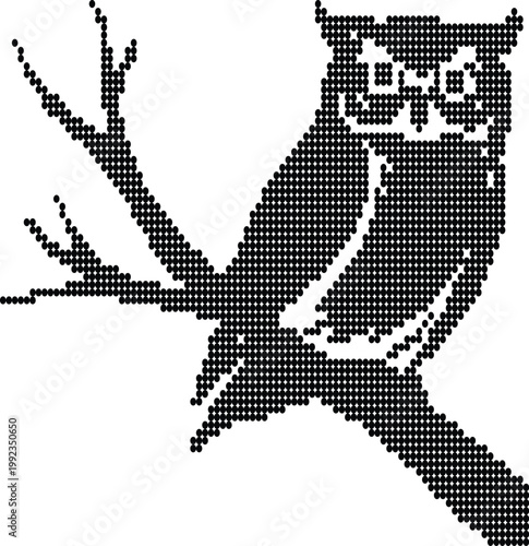 Pixel art owl perched on branch dot illustration simple graphic design minimalist style.