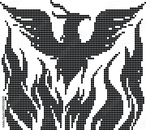 Pixel art phoenix bird with flames dot illustration mythical creature simple graphic design.