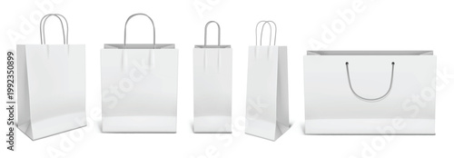 White paper shopping bag mockup with vertical and horizontal bags, 3D realistic empty packaging templates in front, side and angled views, isolated for retail branding and print vector design